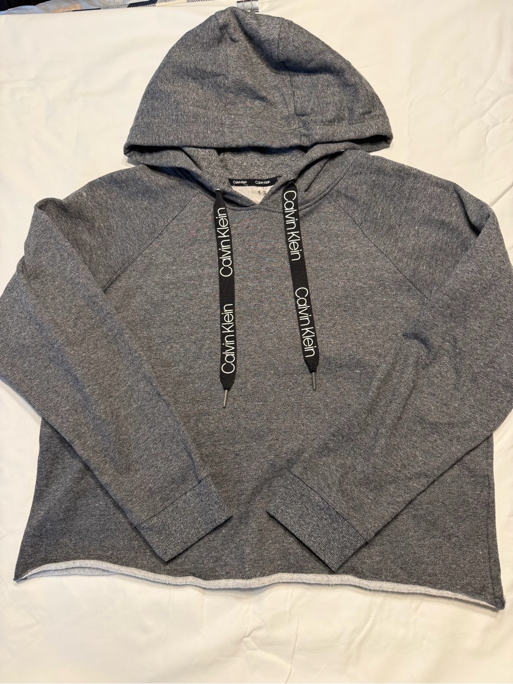 Calvin Klein Women’s cropped Heather Gray Hooded Sweater Large 1104